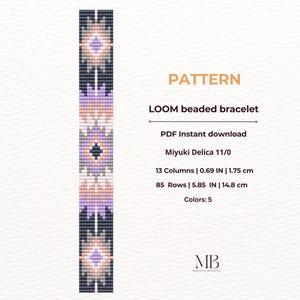 May include: A loom beaded bracelet pattern with a geometric design in shades of black, purple, peach, and gray. The pattern is 0.69 inches wide and 5.85 inches long. The text "PATTERN" and "LOOM beaded bracelet" are visible.