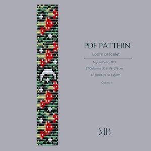 May include: A PDF pattern for a loom bracelet featuring a pixelated design of red mushrooms, green foliage, and a white crescent moon on a black background. The text reads PDF PATTERN, Loom bracelet, Miyuki Delica 11/0, 17 Columns | 0.9 IN | 2.5 cm, 87 Rows | 6 IN | 15 cm, Colors: 8, and MB.
