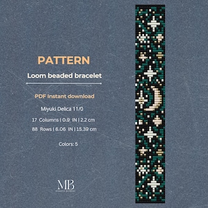 May include: A digital pattern for a loom beaded bracelet. The design features a repeating pattern of stars and a crescent moon in white, gold, and green on a black background. The pattern is 2.2 cm wide and 15.39 cm long.