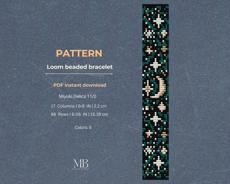 May include: A digital pattern for a loom beaded bracelet. The design features a repeating pattern of stars and a crescent moon in white, gold, and green on a black background. The pattern is 0.9 inches wide and 6.06 inches long.