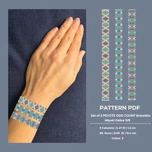 Set med 3 Peyote-armband med udda antal, smyckesmönster med blåguldpärlor (PDF direktnedladdning)