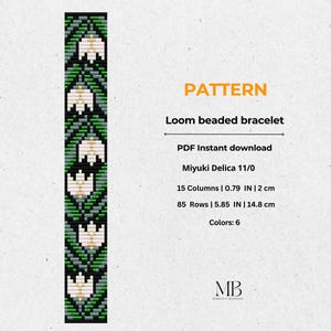 May include: A loom beaded bracelet pattern with a floral design in green, black, and white. The pattern includes 15 columns (0.79 inches/2 cm) and 85 rows (5.85 inches/14.8 cm). The PDF instant download pattern uses Miyuki Delica 11/0 beads and 6 colors.