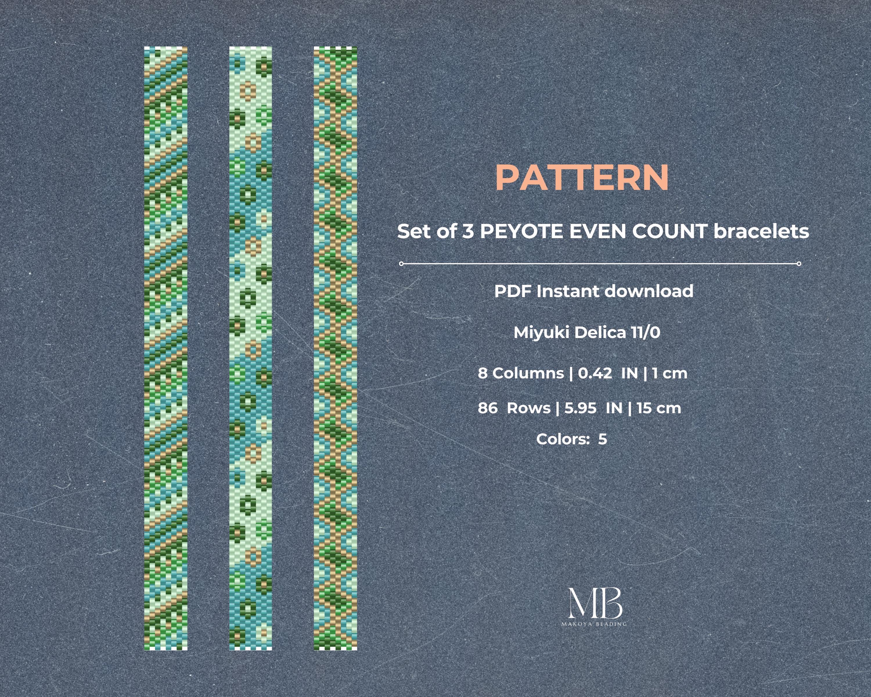Set of 3 Peyote Bracelet Patterns, Green Shades, Even Count Beading ...