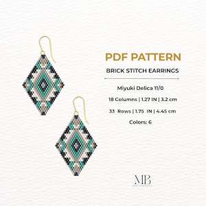 May include: A PDF pattern for brick stitch earrings. The earrings are diamond-shaped with a geometric design in teal, black, tan, and gray. The earrings are 1.75 inches (4.45 cm) long and 1.27 inches (3.2 cm) wide. The pattern uses Miyuki Delica 11/0 beads.