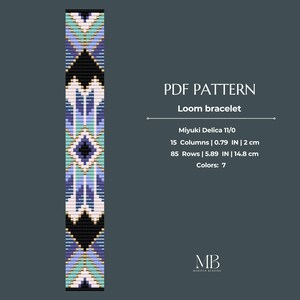 May include: A PDF pattern for a loom bracelet featuring a geometric design in black, white, light blue, and purple. The text reads: PDF PATTERN, Loom bracelet, Miyuki Delica 11/0, 15 Columns | 0.79 IN, 85 Rows | 5.89 IN, Colors: 7, and MB MARISSA BEADING.