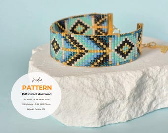 Patrón de pulsera de cuentas en telar, inspiración nativa, degradado azul (patrón PDF)