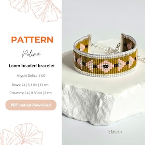 May include: A loom beaded bracelet pattern by Polina. The bracelet is olive green with pink and white geometric designs. The pattern uses Miyuki Delica 11/0 beads. The bracelet is 5.1 inches (13 cm) long and 0.80 inches (2 cm) wide.