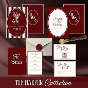 Puede incluir: Un conjunto de papeler&iacute;a de boda burdeos con detalles blancos. Incluye una tarjeta 'Save the Date', invitaci&oacute;n, tarjetas RSVP y una tarjeta de detalles. Tambi&eacute;n hay un sobre con un sello de cera burdeos y un sello de lacre. El texto "The Harper Collection" est&aacute; en la parte inferior.