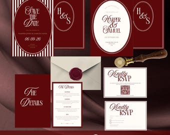 Luxury Old Money Wedding Stationery Bundle, Vintage Red and Cream Wedding Signs, Burgundy Wedding Invitation Suite, Canva Editable Template