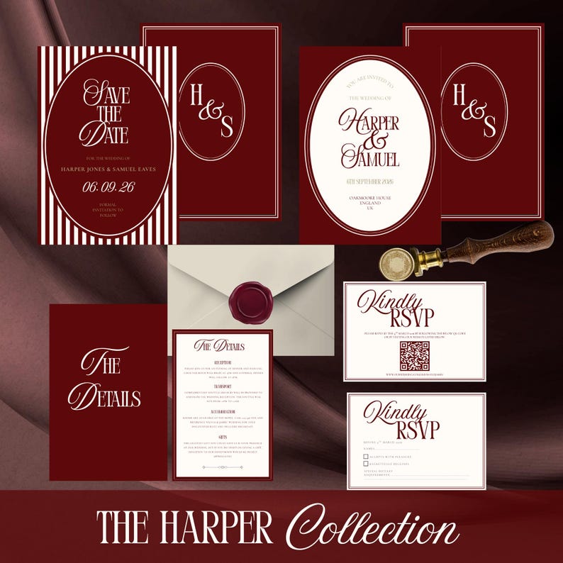 Puede incluir: Un conjunto de papeler&iacute;a de boda burdeos con detalles blancos. Incluye una tarjeta 'Save the Date', invitaci&oacute;n, tarjetas RSVP y una tarjeta de detalles. Tambi&eacute;n hay un sobre con un sello de cera burdeos y un sello de lacre. El texto "The Harper Collection" est&aacute; en la parte inferior.