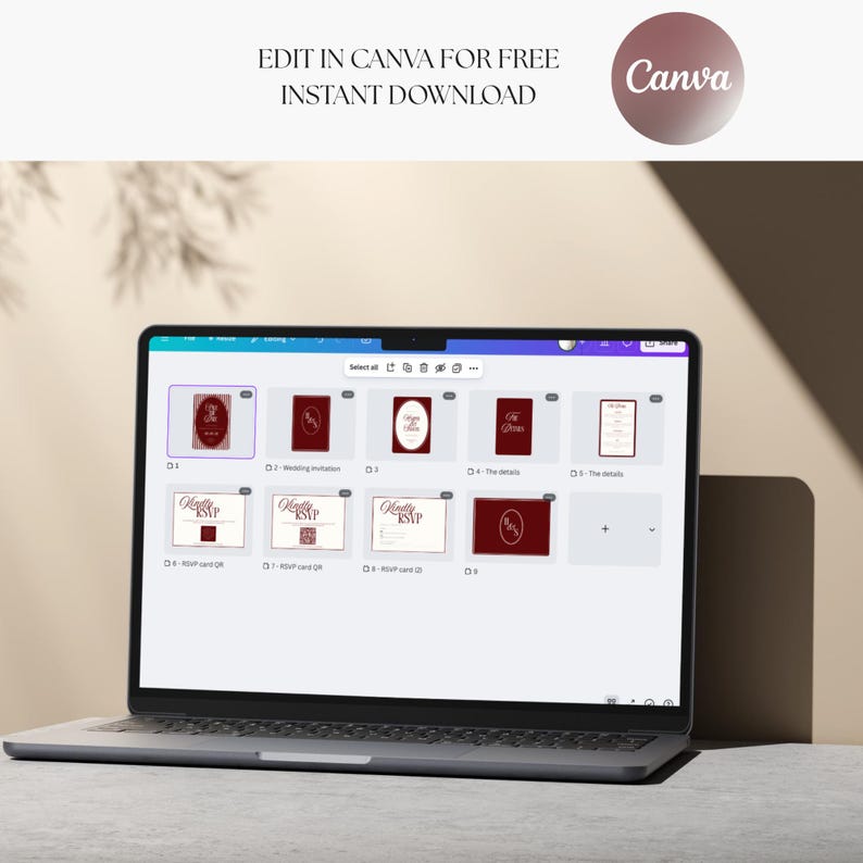 Puede incluir: Un port&aacute;til que muestra una interfaz de dise&ntilde;o de Canva con plantillas de invitaciones de boda. La pantalla muestra varios dise&ntilde;os en borgo&ntilde;a y blanco, incluyendo tarjetas RSVP y detalles de la invitaci&oacute;n. El texto en la parte superior dice "EDIT IN CANVA FOR FREE INSTANT DOWNLOAD."
