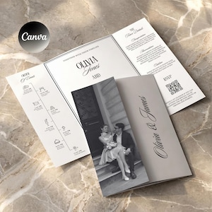 May include: A tri-fold wedding programme featuring a black and white photograph of a couple on the cover. The interior displays the names Olivia Jones and James, an order of events timeline with icons, transport details, accommodation information, and a QR code.