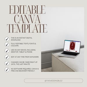 Puede incluir: Un ordenador port&aacute;til que muestra un dise&ntilde;o de plantilla se encuentra sobre una superficie de tonos neutros. La imagen presenta el texto "EDITABLE CANVA TEMPLATE" en fuente marr&oacute;n, junto con vi&ntilde;etas que detallan las caracter&iacute;sticas de la plantilla. La parte inferior de la imagen incluye el texto "@THEWEDDINGBUZZ".