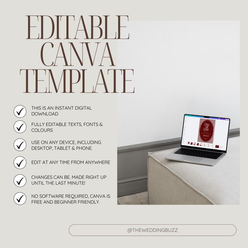 Puede incluir: Un ordenador port&aacute;til que muestra un dise&ntilde;o de plantilla se encuentra sobre una superficie de tonos neutros. La imagen presenta el texto "EDITABLE CANVA TEMPLATE" en fuente marr&oacute;n, junto con vi&ntilde;etas que detallan las caracter&iacute;sticas de la plantilla. La parte inferior de la imagen incluye el texto "@THEWEDDINGBUZZ".