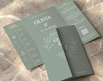 Elegant Floral Gatefold Wedding Invitation | Sage Green Boho Gatefold Invite | Minimalist Trifold Wedding Card | Canva Printable Template