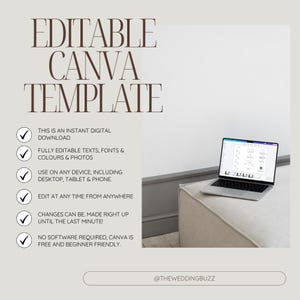 May include: A digital template advertisement with the text "EDITABLE CANVA TEMPLATE" in a stylish font. The image includes a laptop displaying a design, and bullet points highlighting features like instant download and editable elements.