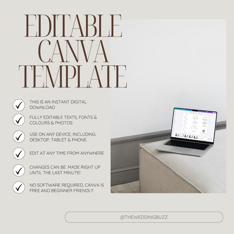 May include: A digital template advertisement with the text "EDITABLE CANVA TEMPLATE" in a stylish font. The image includes a laptop displaying a design, and bullet points highlighting features like instant download and editable elements.