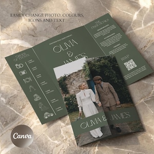 May include: A tri-fold wedding invitation in olive green, featuring a photo of a couple and the names "Olivia & James." The invitation includes details like the order of events and RSVP information. Text on the invitation reads "Easily change photo, colours, icons and text."