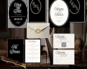 Old Money Vintage Style Wedding Invitation Suite, Monochrome Wedding Stationery Bundle, Black and Gold Wedding, Canva Editable HARPER