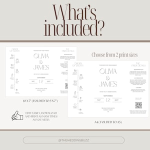 May include: Wedding invitation design with the text "What's included?" in a brown font. The invitation features the names Olivia & James, event details, and a QR code. Includes two print size options: 10x7" and A4.