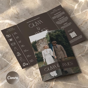 May include: A dark brown wedding invitation suite with the names "Olivia & James" in a stylish font. The invitation includes a photo of the couple and details about the event, with a Canva logo in the corner.