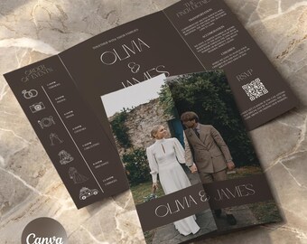 Chocolate Brown Wedding Invitation Template, Rustic Gatefold Wedding Invite, Photo Invitation, Trifold Folded Invite, Canva Editable