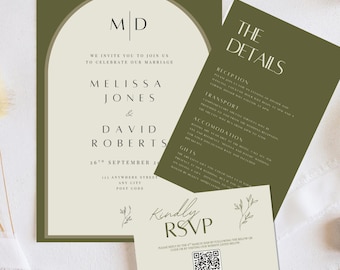 Invitaciones de boda con arco verde oliva, plantilla editable de Canva, elegante conjunto de invitaciones de boda (descarga digital) - MELISSA