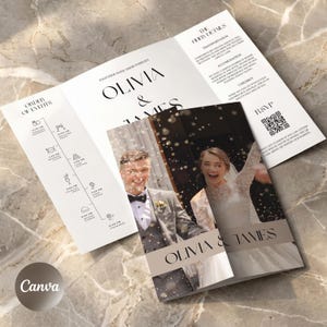 May include: A tri-fold wedding invitation suite featuring a photograph of a couple celebrating with confetti. The white paper includes an order of events timeline with icons, text detailing transportation, accommodation, and children, and a QR code.
