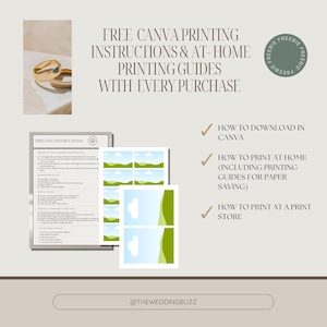 May include: A promotional image with the text "FREE CANVA PRINTING INSTRUCTIONS & AT-HOME PRINTING GUIDES WITH EVERY PURCHASE." The image includes a document with printing instructions, landscape images, and a gold ring. The image also includes the text "HOW TO DOWNLOAD IN CANVA."