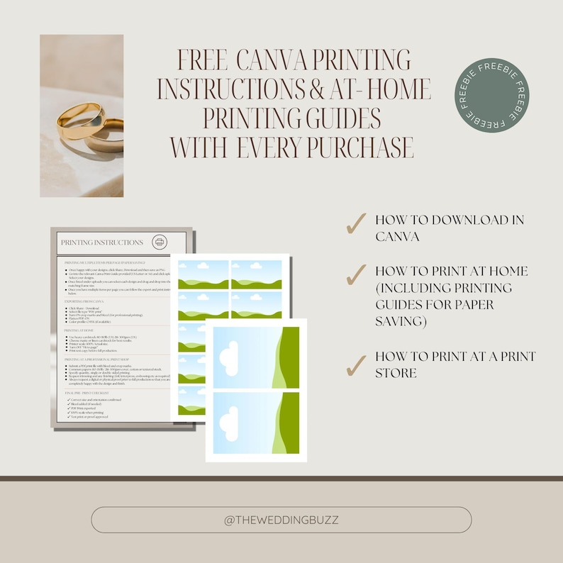 May include: A promotional image with the text "FREE CANVA PRINTING INSTRUCTIONS & AT-HOME PRINTING GUIDES WITH EVERY PURCHASE." The image includes a document with printing instructions, landscape images, and a gold ring. The image also includes the text "HOW TO DOWNLOAD IN CANVA."