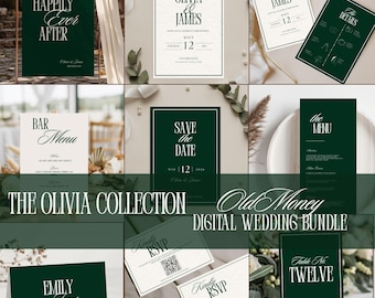 Green Old Money Wedding Invitation Template Bundle | Luxury Elegant Wedding Signs | Vintage Wedding Seating Chart | Canva Editable | OLIVIA