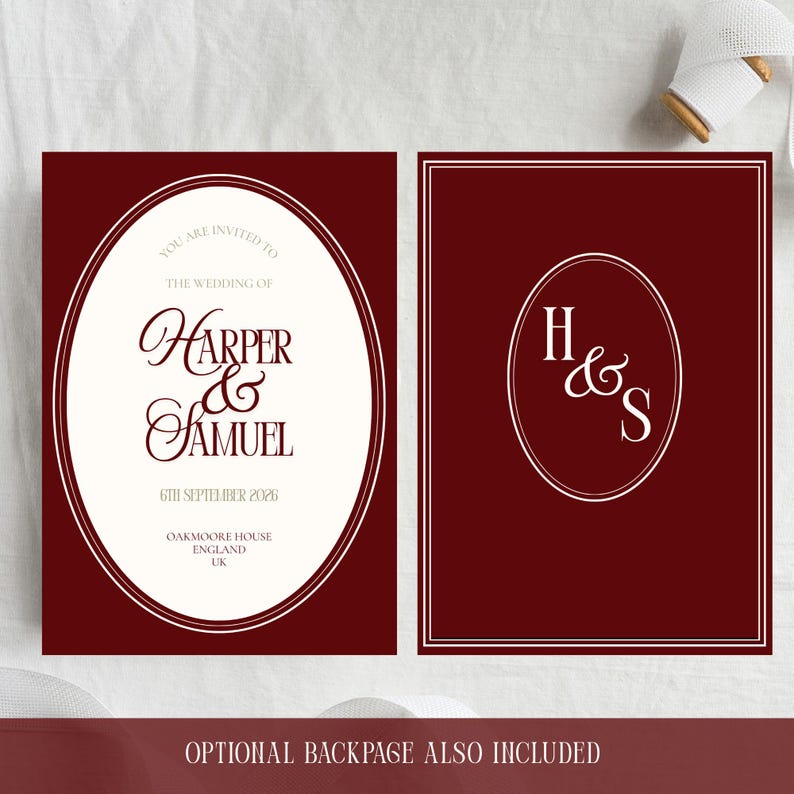 Puede incluir: Invitaci&oacute;n de boda burdeos con texto blanco y marco ovalado. El texto dice: "Est&aacute;n invitados a la boda de Harper & Samuel, 6 de septiembre de 2026, Oakmoore House, Inglaterra, Reino Unido." La parte posterior tiene las iniciales "H & S".