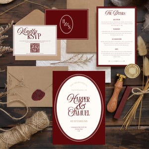 Puede incluir: Juego de papeler&iacute;a de boda en borgo&ntilde;a y crema. La tarjeta de invitaci&oacute;n dice "Harper & Samuel" y "6 de septiembre de 2016". Incluye tarjeta RSVP, tarjeta de detalles, sobres, sello de cera y cuerda. Dise&ntilde;o elegante.