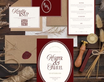 Luxury Old Money Wedding Invitation Suite, Vintage Red and Cream Wedding Invite Set, Burgundy Wedding Bundle, Canva Editable Template
