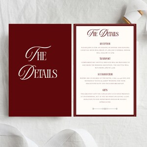 Puede incluir: Una invitaci&oacute;n de boda burdeos con las palabras "The Details" en escritura blanca. La invitaci&oacute;n abierta revela informaci&oacute;n del evento, incluyendo recepci&oacute;n, transporte, alojamiento y detalles de regalos.