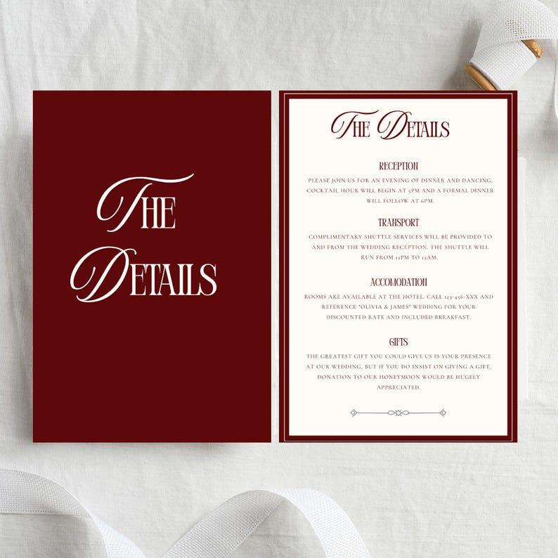 Puede incluir: Una invitaci&oacute;n de boda burdeos con las palabras "The Details" en escritura blanca. La invitaci&oacute;n abierta revela informaci&oacute;n del evento, incluyendo recepci&oacute;n, transporte, alojamiento y detalles de regalos.
