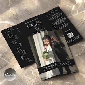 Peut inclure: Un carton d'invitation de mariage noir à trois volets avec du texte blanc, un programme des événements et une photographie d'un couple. Le texte inclut les noms Olivia et James, The Finer Details et un code QR RSVP. Design moderne et épuré.