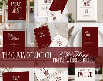 Luxury Old Money Wedding Stationery Bundle | Vintage Red and Cream Wedding Signs | Signature Cocktail Sign | Canva Editable Template| OLIVIA