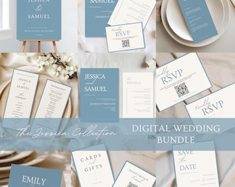 May include: A collection of digital wedding stationery in a soft blue and cream color scheme. Includes invitations, RSVP cards with QR codes, menu cards, and signage. The text includes the names Jessica and Samuel.