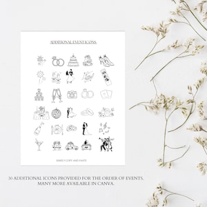 May include: A white sheet of paper with black line art illustrations of wedding-related icons. The text "ADDITIONAL EVENT ICONS" is at the top, and "SIMPLY COPY AND PASTE" is at the bottom. The text "30 ADDITIONAL ICONS PROVIDED FOR THE ORDER OF EVENTS. MANY MORE AVAILABLE IN CANVA." is at the bottom.