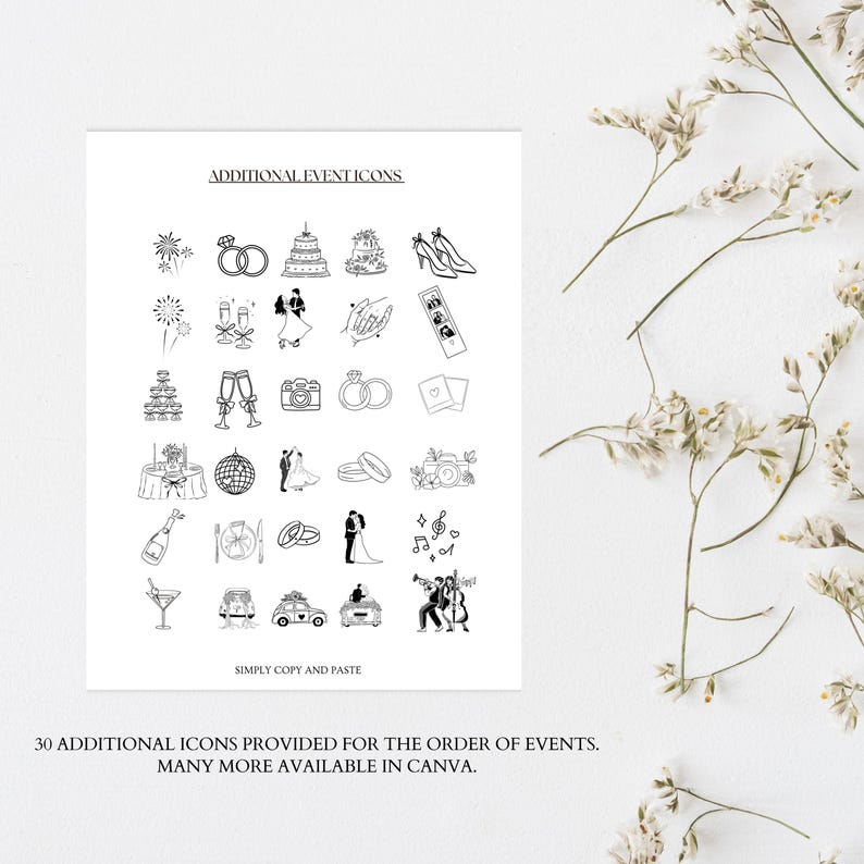 May include: A white sheet of paper with black line art illustrations of wedding-related icons. The text "ADDITIONAL EVENT ICONS" is at the top, and "SIMPLY COPY AND PASTE" is at the bottom. The text "30 ADDITIONAL ICONS PROVIDED FOR THE ORDER OF EVENTS. MANY MORE AVAILABLE IN CANVA." is at the bottom.