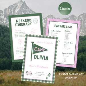 May include: A set of three printed documents featuring a weekend itinerary, a packing list, and an invitation for Camp Olivia. The designs use green and pink text with camping-themed icons, including a flag, footprints, and a campfire.