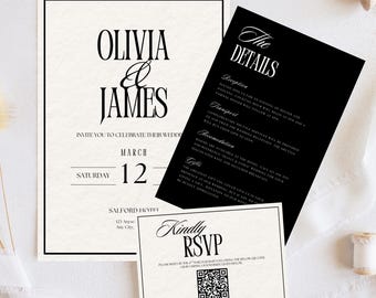 Paquete de invitaciones de boda estilo vintage con dinero antiguo, conjunto de invitaciones de boda monocromáticas de lujo, plantilla editable de Canva - OLIVIA