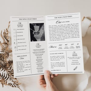 May include: A wedding program with a black and white photo of a couple holding hands. The program includes details like the ceremony time, wedding party names, and a love story. The text is in a classic serif font.
