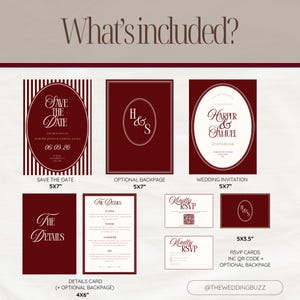 Puede incluir: Un conjunto de papeler&iacute;a de boda burdeos, que incluye tarjetas de guardar la fecha, invitaciones y tarjetas de confirmaci&oacute;n de asistencia. Los dise&ntilde;os presentan una tipograf&iacute;a elegante y un monograma. El texto "What's included?" est&aacute; en la parte superior. Las tarjetas son de varios tama&ntilde;os, incluyendo 12,7x17,8 cm y 10,2x15,2 cm.