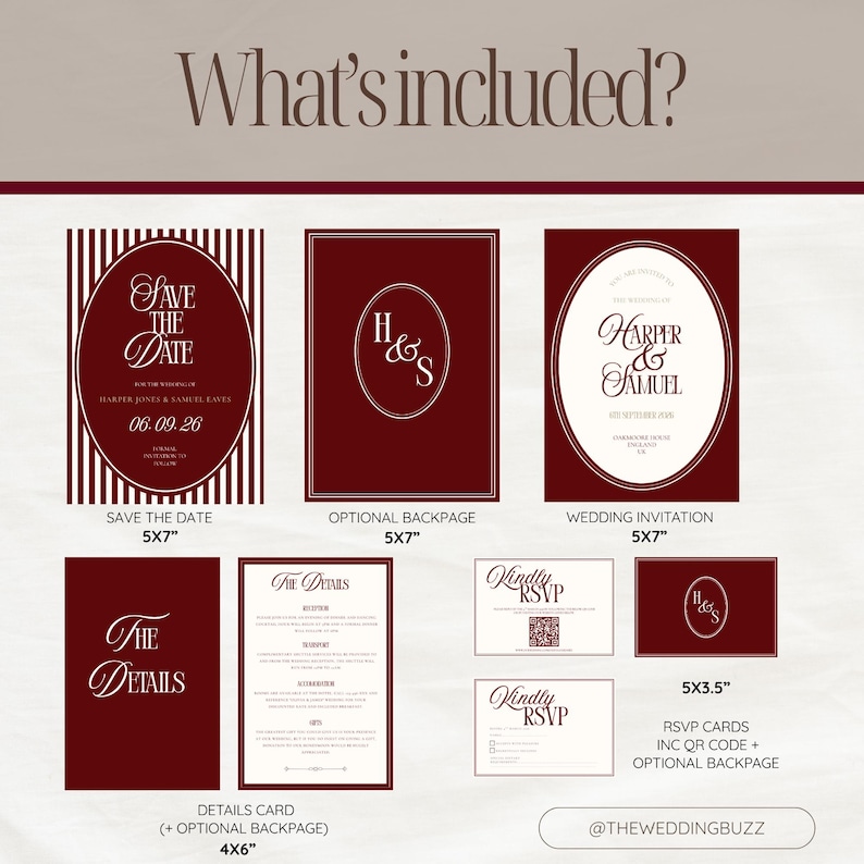 Puede incluir: Un conjunto de papeler&iacute;a de boda burdeos, que incluye tarjetas de guardar la fecha, invitaciones y tarjetas de confirmaci&oacute;n de asistencia. Los dise&ntilde;os presentan una tipograf&iacute;a elegante y un monograma. El texto "What's included?" est&aacute; en la parte superior. Las tarjetas son de varios tama&ntilde;os, incluyendo 12,7x17,8 cm y 10,2x15,2 cm.