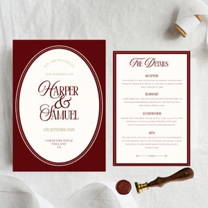 Puede incluir: Conjunto de invitaciones de boda burdeos con un dise&ntilde;o ovalado que presenta los nombres "Harper & Samuel" y la fecha "6 de septiembre de 2026". La tarjeta de detalles incluye informaci&oacute;n sobre la recepci&oacute;n, el transporte, el alojamiento y los regalos. Con un sello de cera.