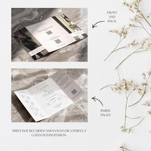 May include: A double-sided wedding invitation with the names "Olma & James" printed in a minimalist style. The invitation is folded to create a gatefold design. The front and back of the invitation are shown, along with the inside pages.