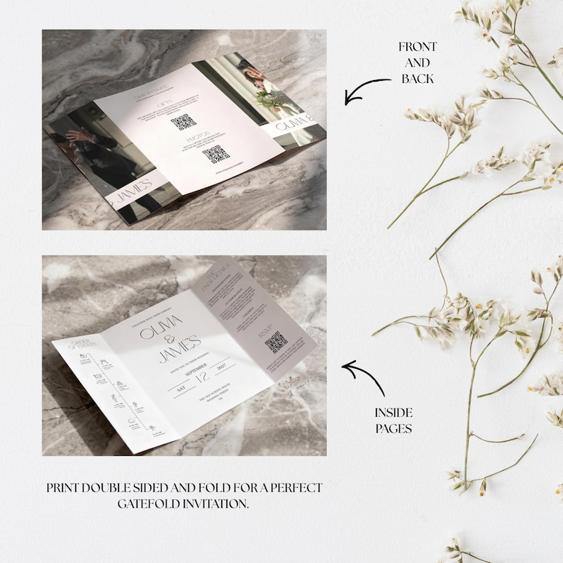 May include: A double-sided wedding invitation with the names "Olma & James" printed in a minimalist style. The invitation is folded to create a gatefold design. The front and back of the invitation are shown, along with the inside pages.