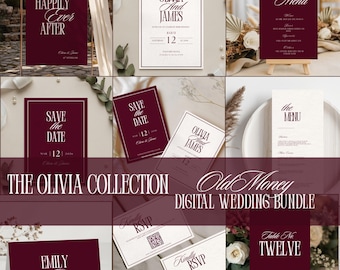 Burgundy Old Money Wedding Stationery Template Bundle | Elegant Wedding Signs | Vintage Wedding Invitation| Canva Editable | OLIVIA
